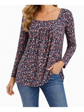 Lucky brand Women's Navy Floral Square-Neck Long Sleeve Top